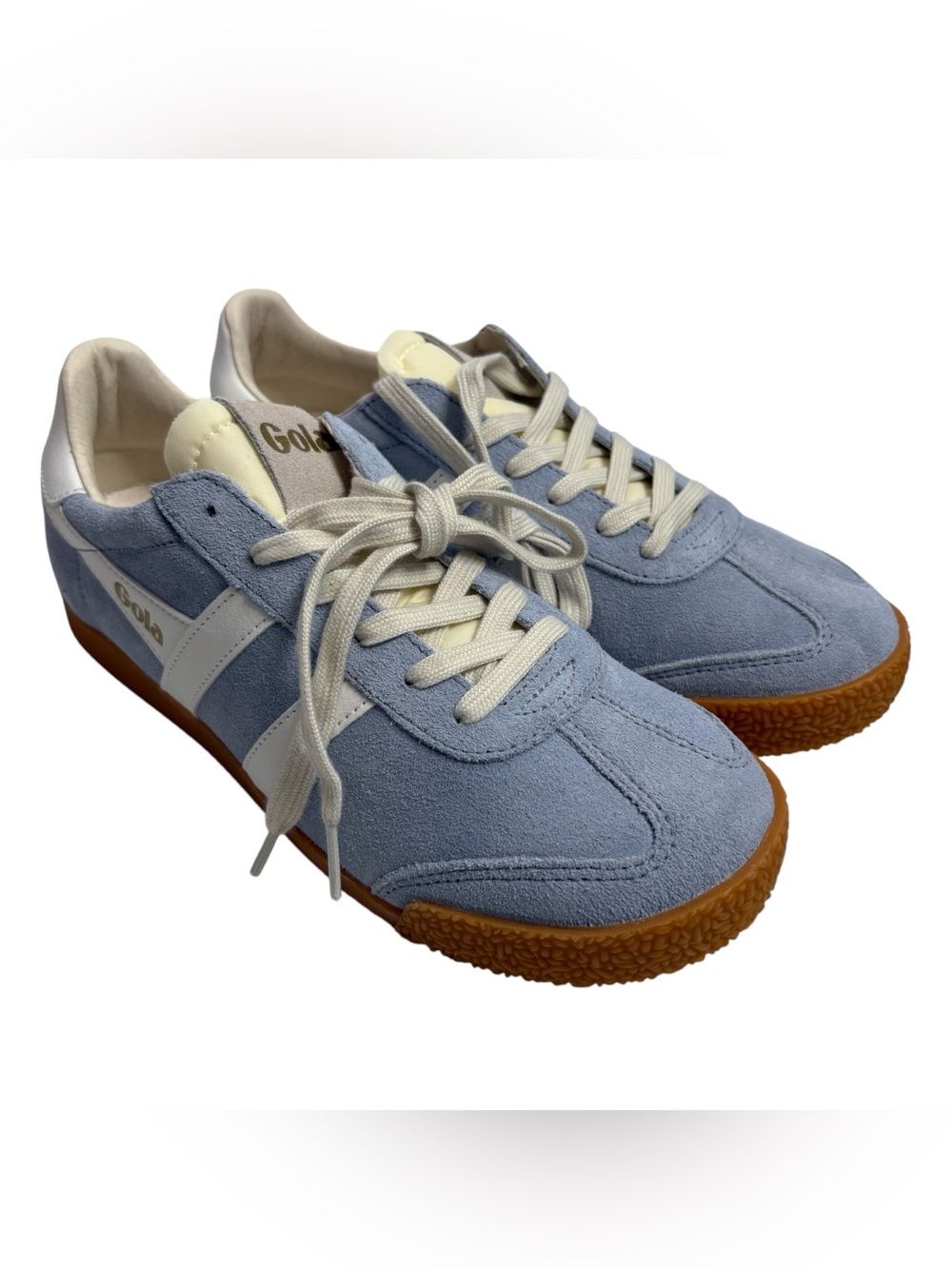 Gola Women’s Elan Light Blue Suede Sneakers with White Stripes and Gum Sole NWOT